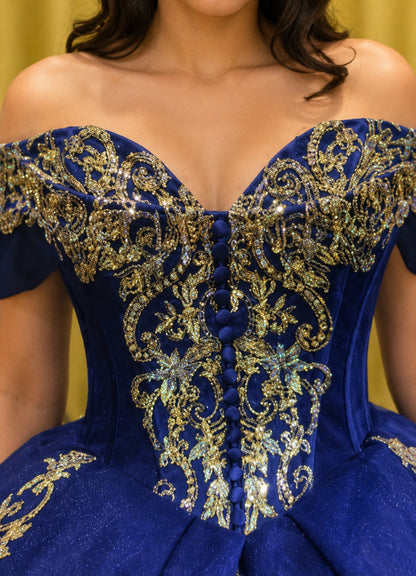 Vestido de Quinceañera Azul Rey con Bordado Dorado y Hombros Descubiertos ID600492-XV064