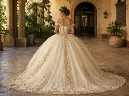 Vestido de Quinceañera Ivory con Bordado Dorado y Hombros Descubiertos ID600492-XV065
