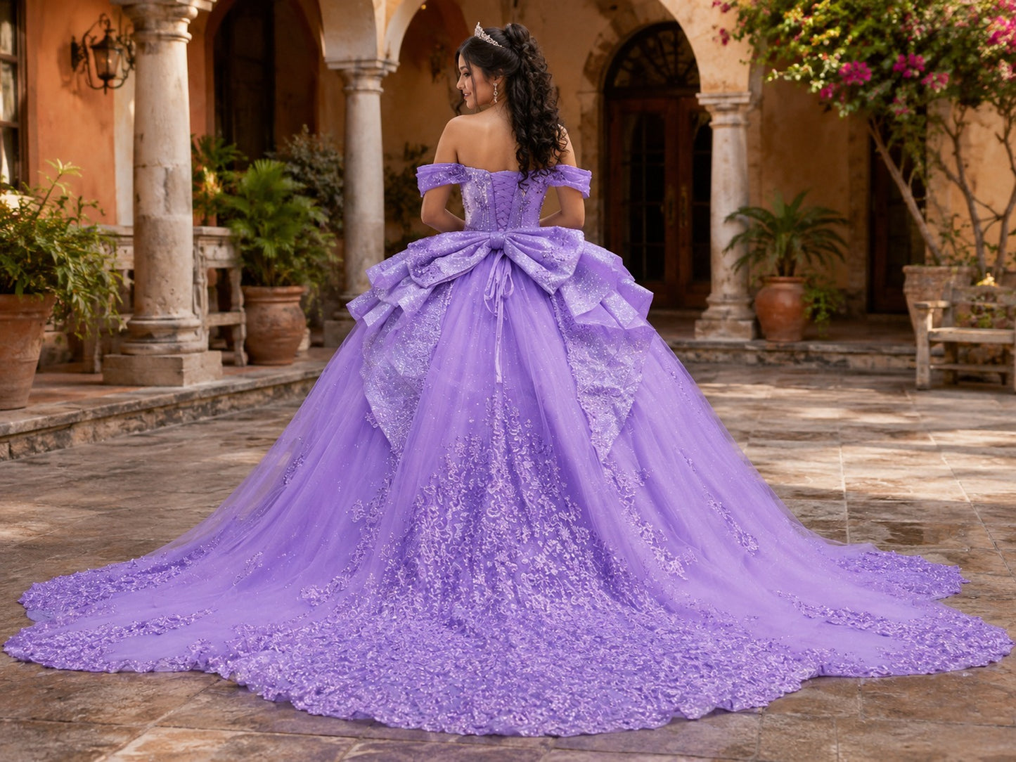 Vestido de Quinceañera Lila con Brillo y Falda de Capas ID600492-XV070