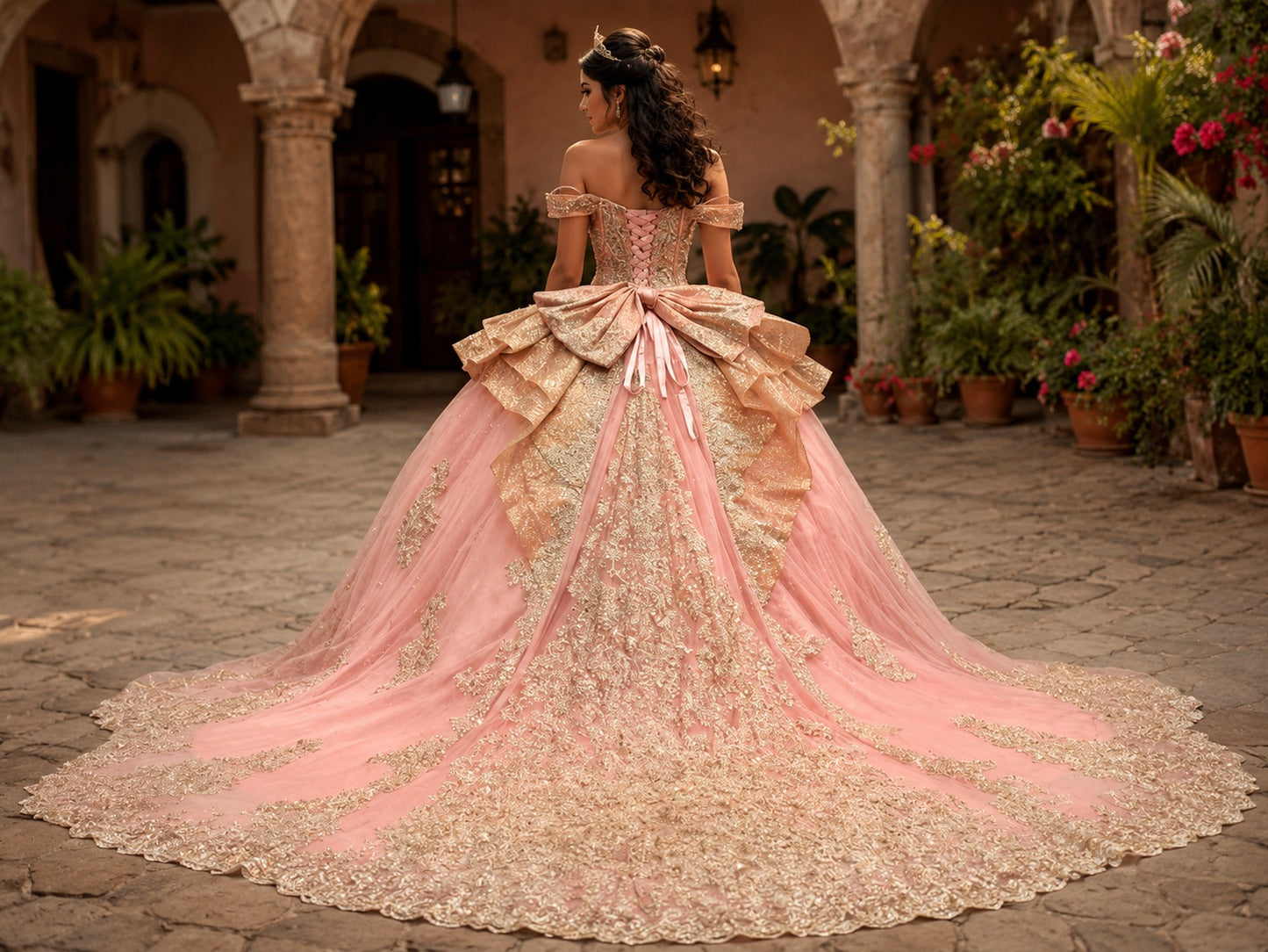 Vestido de Quinceañera Rosa Peach con Bordado Dorado y Hombros Descubiertos ID600492-XV071