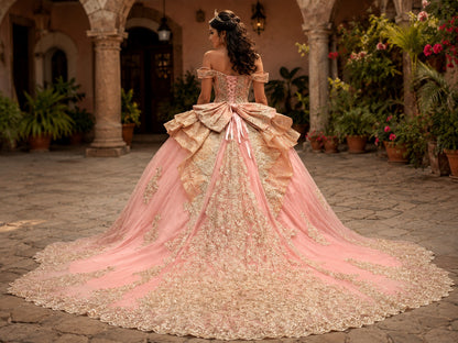 Vestido de Quinceañera Rosa Peach con Bordado Dorado y Hombros Descubiertos ID600492-XV071