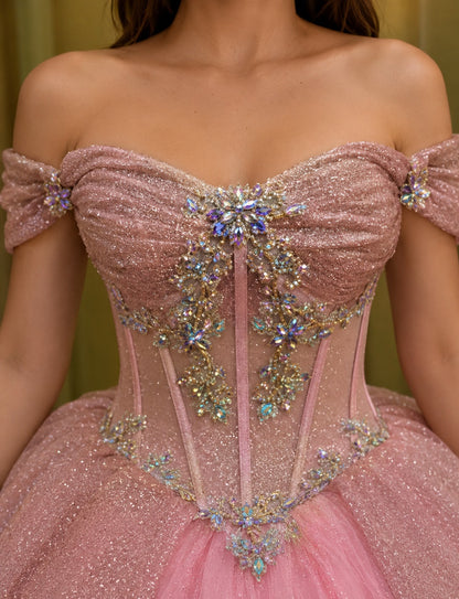 Vestido de Quinceañera Rosa Peach con Bordado Dorado y Hombros Descubiertos ID600492-XV071