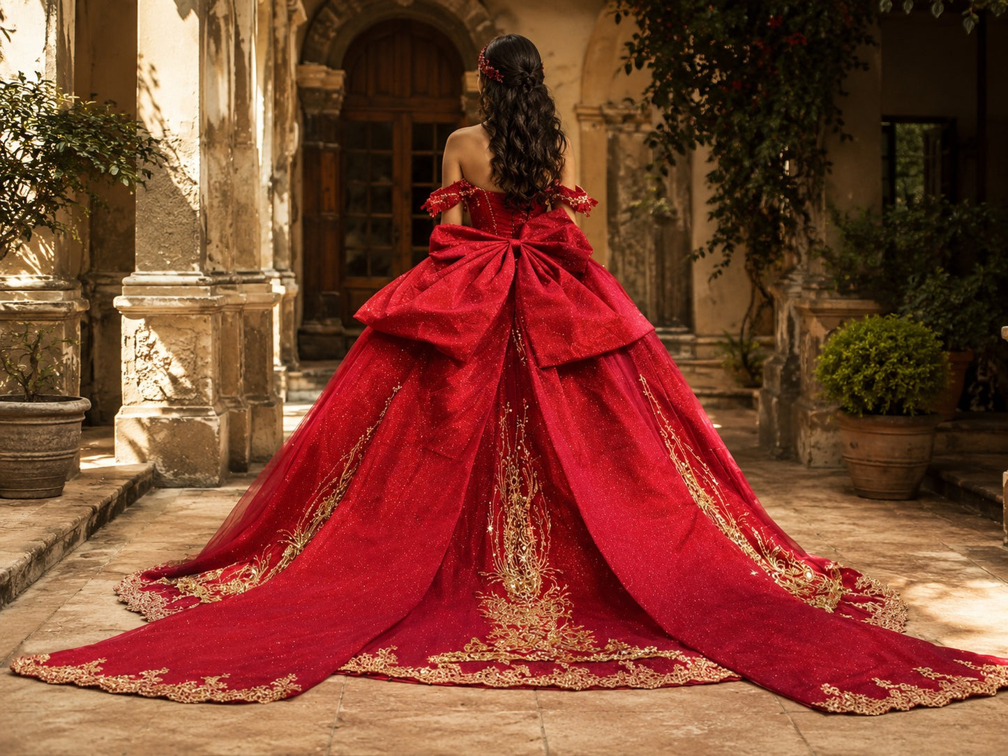 Vestido de Quinceañera Vino con Bordado Dorado y Brillo ID600492-XV073