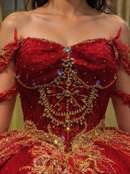 Vestido de Quinceañera Vino con Bordado Dorado y Brillo ID600492-XV073
