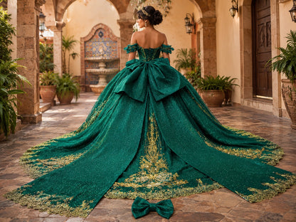 Vestido de Quinceañera Verde Esmeralda con Bordado Dorado y Brillo ID600492-XV075