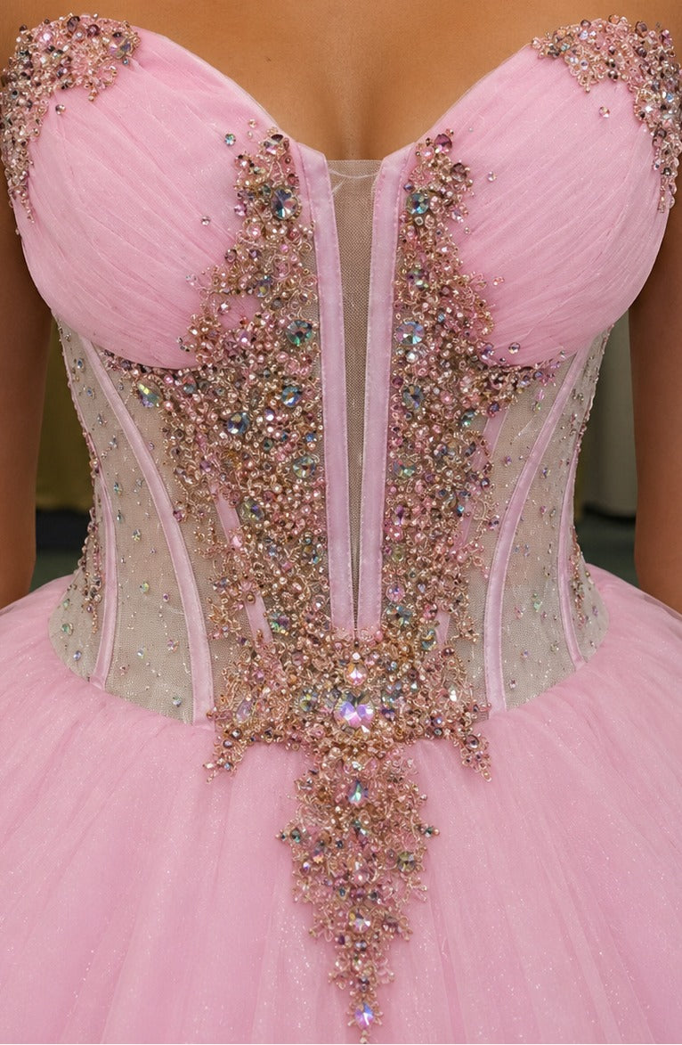 Vestido de Quinceañera Rosa con Bordado Dorado y Detalles Colgantes ID600492-XV076