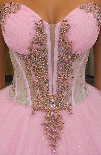 Vestido de Quinceañera Rosa con Bordado Dorado y Detalles Colgantes ID600492-XV076