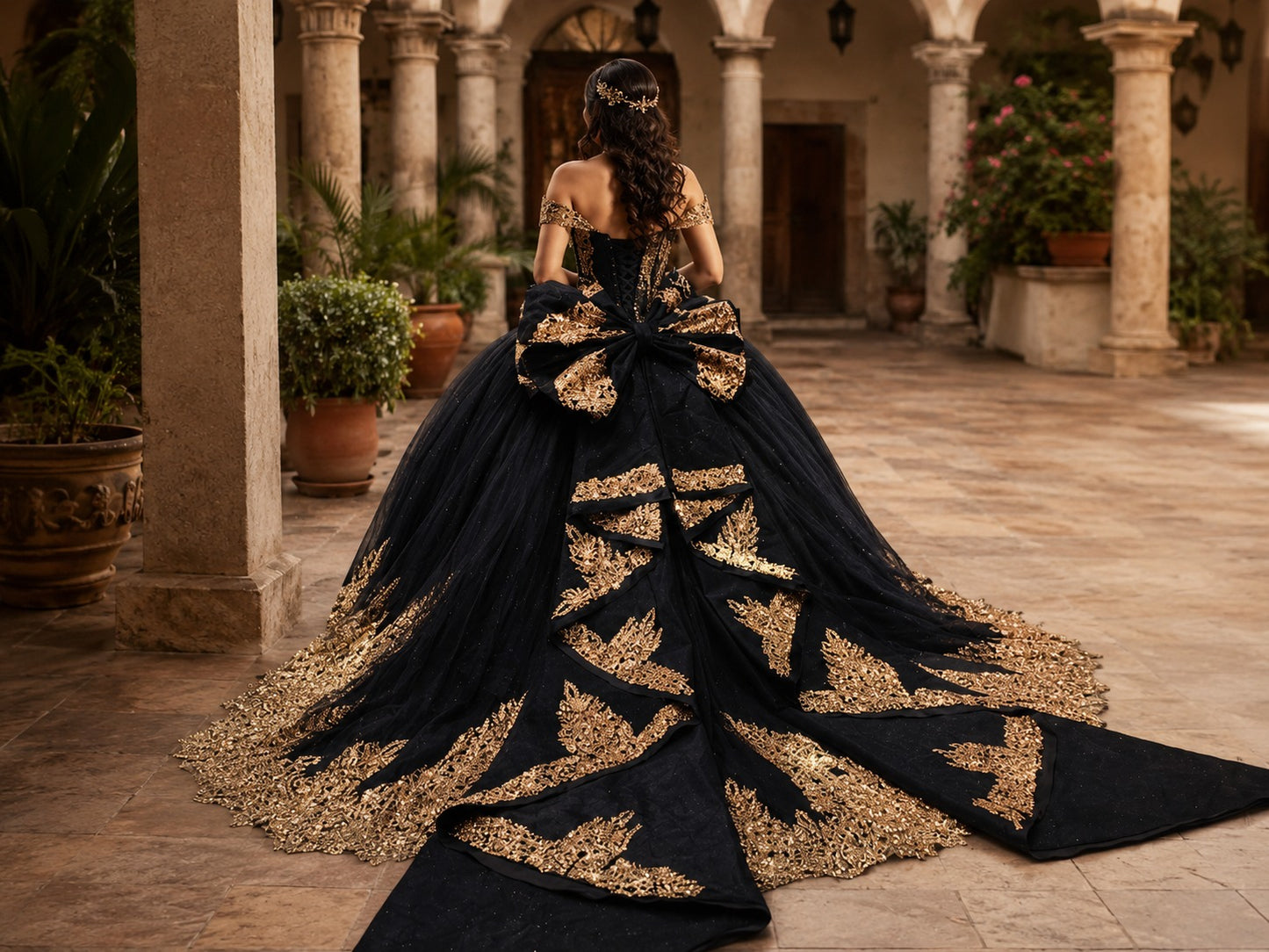 Vestido de Quinceañera Negro con Bordado Dorado y Detalles Colgantes ID600492-XV078
