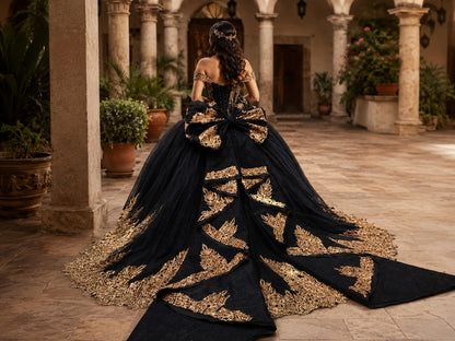 Vestido de Quinceañera Negro con Bordado Dorado y Detalles Colgantes ID600492-XV078