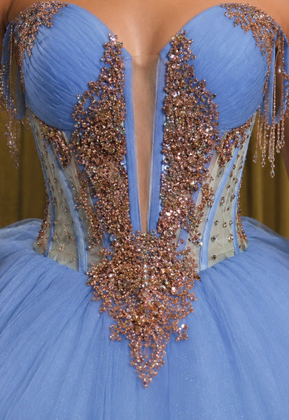 Vestido de Quinceañera Azul Cielo con Bordado Champagne y Brillo ID600492-XV079