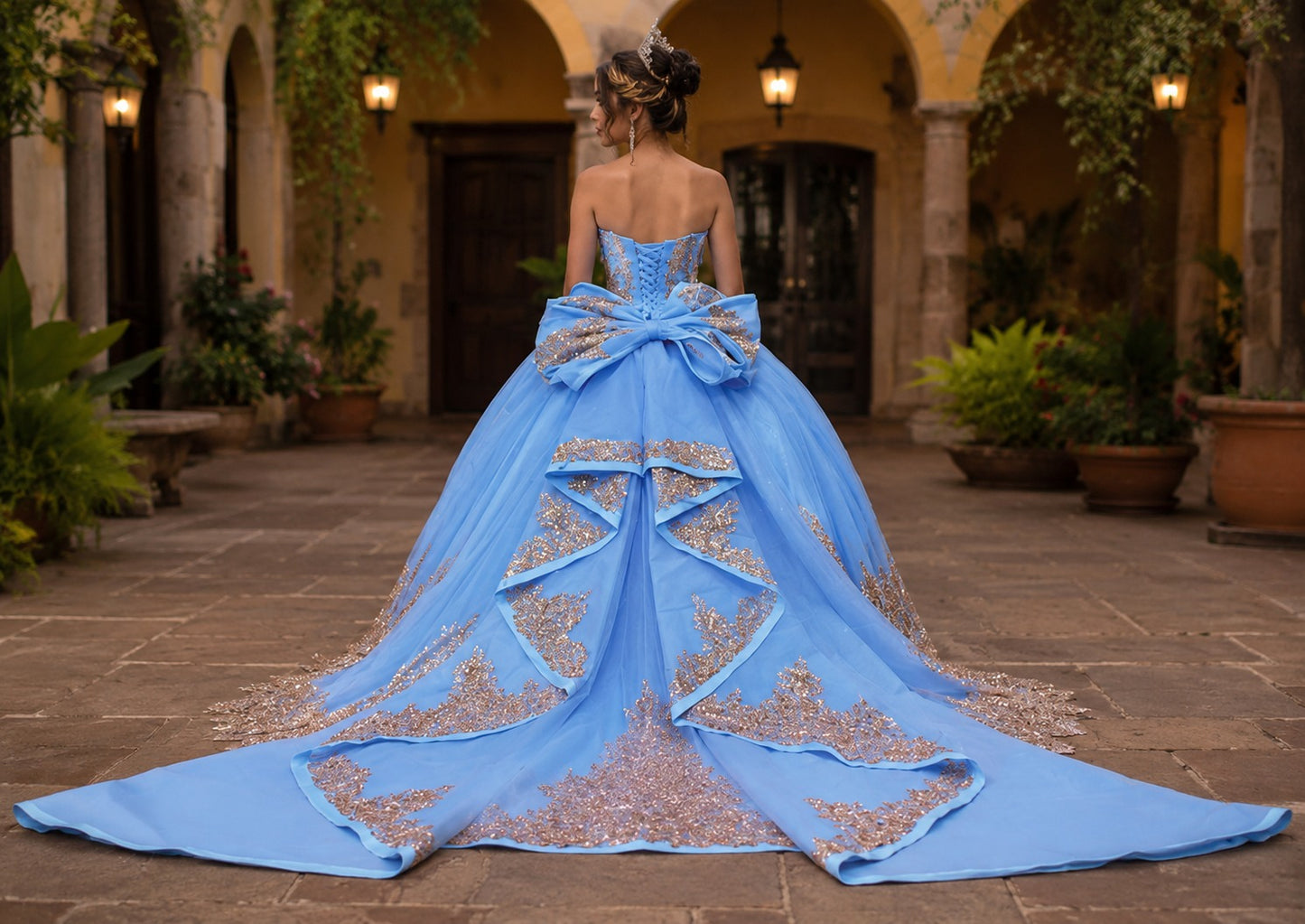 Vestido de Quinceañera Azul Cielo con Bordado Champagne y Brillo ID600492-XV079