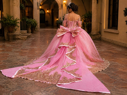 Vestido de Quinceañera Rosa con Bordado Rose Gold y Detalles Colgantes ID600492-XV080