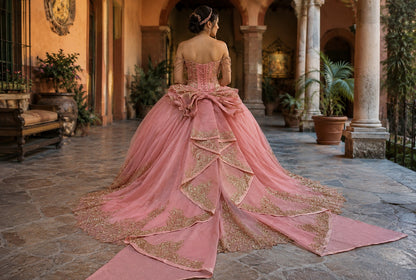 Vestido de Quinceañera Rosa con Bordado Rose Gold y Detalles Colgantes ID600492-XV081
