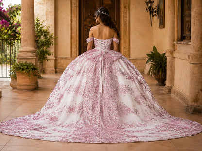 Vestido de Quinceañera Blanco con Bordado Rosa y Hombros Descubiertos ID600492-XV083
