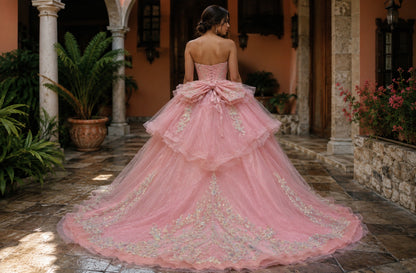 Vestido de Quinceañera Rosa con Bordado Champagne y Falda con Capas ID600492-XV085
