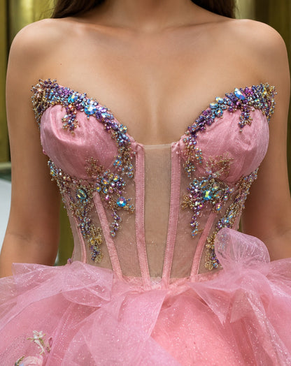 Vestido de Quinceañera Rosa con Bordado Champagne y Falda con Capas ID600492-XV085