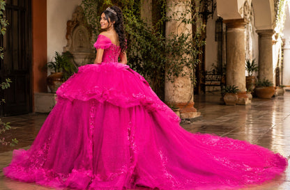 Vestido de Quinceañera Fucsia con Falda de Capas y Bordado Floral ID600492-XV086