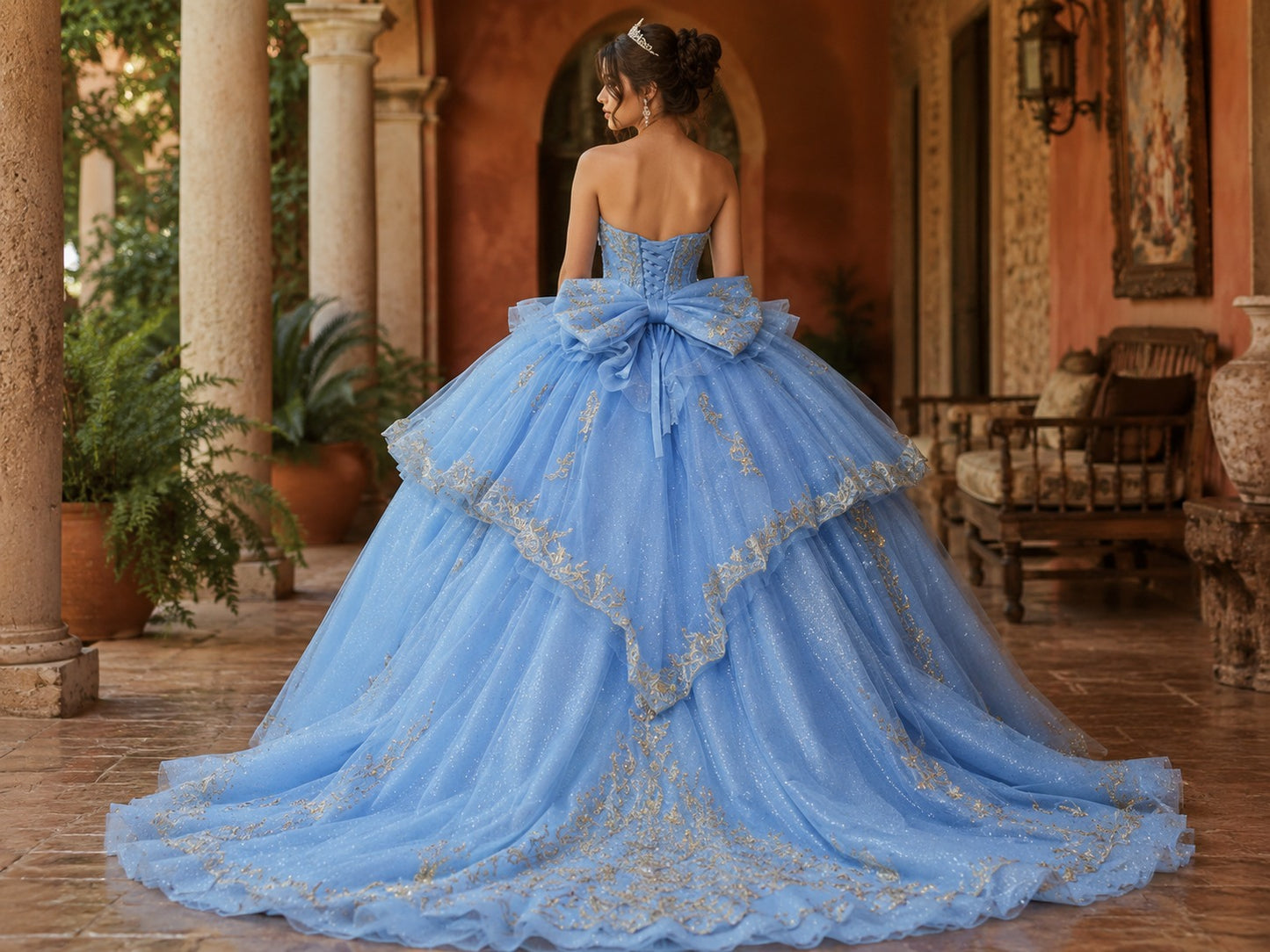Vestido de Quinceañera Azul Cielo con Bordado Champagne y Falda de Capas ID600492-XV087
