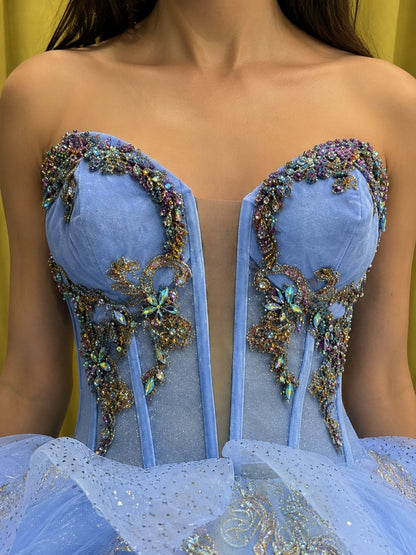 Vestido de Quinceañera Azul Cielo con Bordado Champagne y Falda de Capas ID600492-XV087