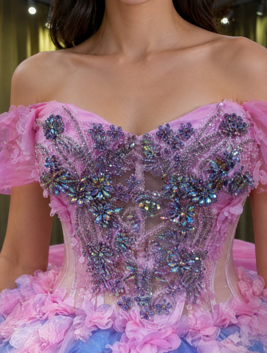 Vestido de Quinceañera Azul Cielo con Flores Rosas y Encaje ID600492-XV088
