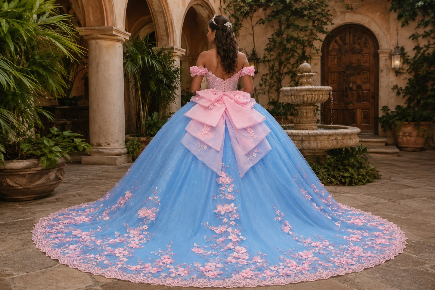 Vestido de Quinceañera Azul Cielo con Flores Rosas y Encaje ID600492-XV088