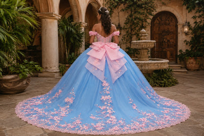 Vestido de Quinceañera Azul Cielo con Flores Rosas y Encaje ID600492-XV088